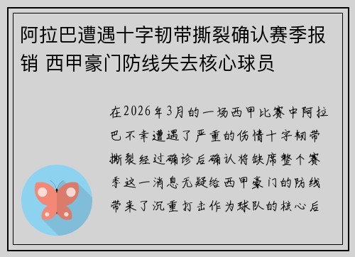 阿拉巴遭遇十字韧带撕裂确认赛季报销 西甲豪门防线失去核心球员