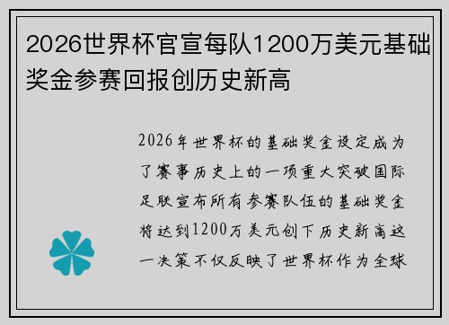 2026世界杯官宣每队1200万美元基础奖金参赛回报创历史新高